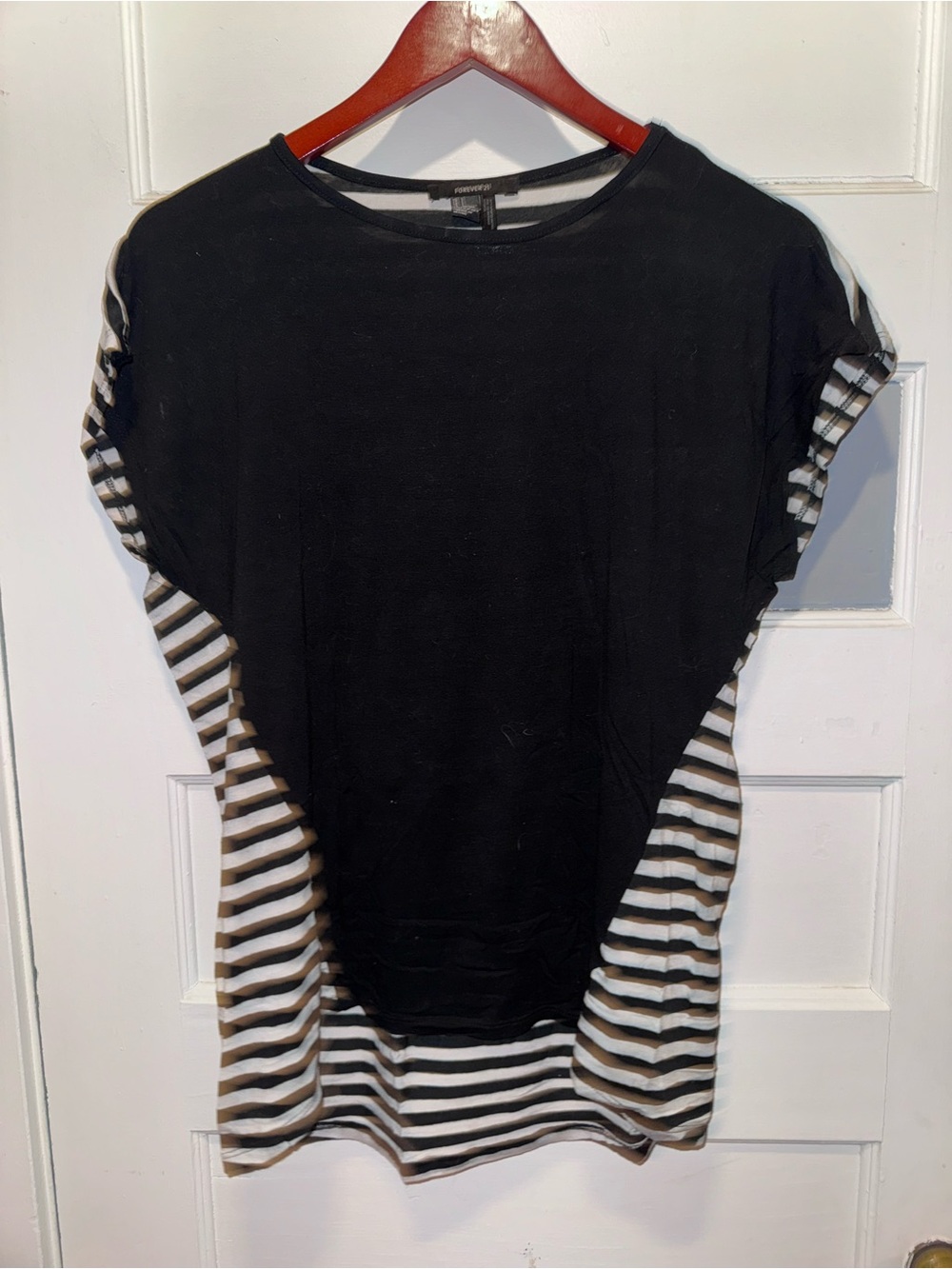 Forever 21 Black Top with Black & White Striped Panels